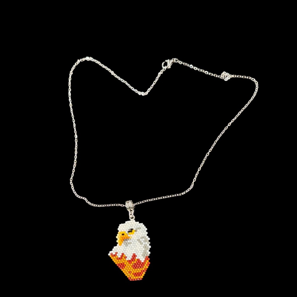 Hand Crafted Eagle Pendant Necklace with White and Orange Beads - Picture 7 of 9
